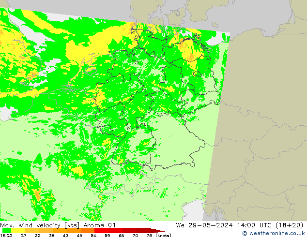 Maks. Rüzgar Hızı Arome 01 Çar 29.05.2024 14 UTC