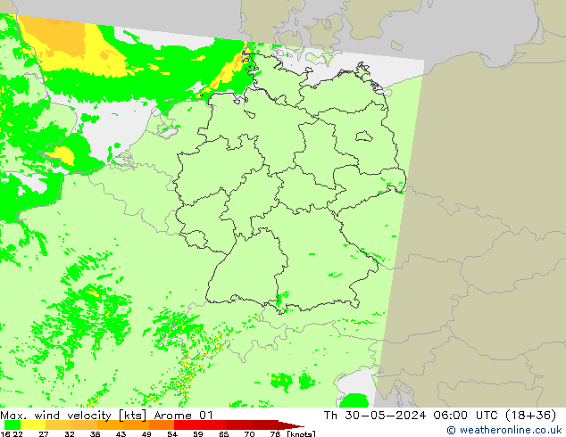 Max. wind velocity Arome 01 Th 30.05.2024 06 UTC