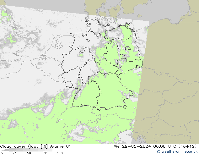 Cloud cover (low) Arome 01 We 29.05.2024 06 UTC