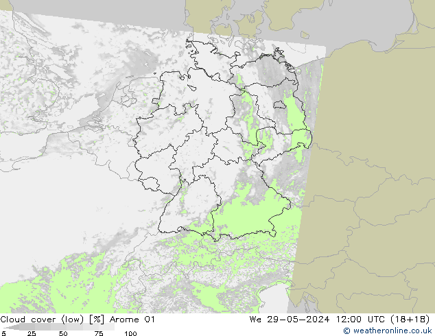 Cloud cover (low) Arome 01 We 29.05.2024 12 UTC