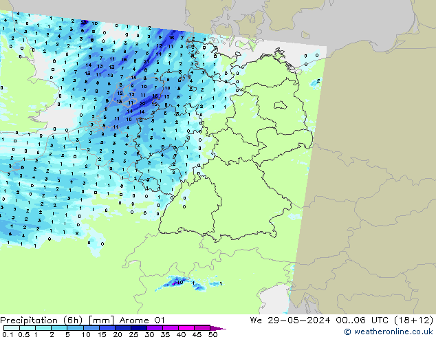 Totale neerslag (6h) Arome 01 wo 29.05.2024 06 UTC