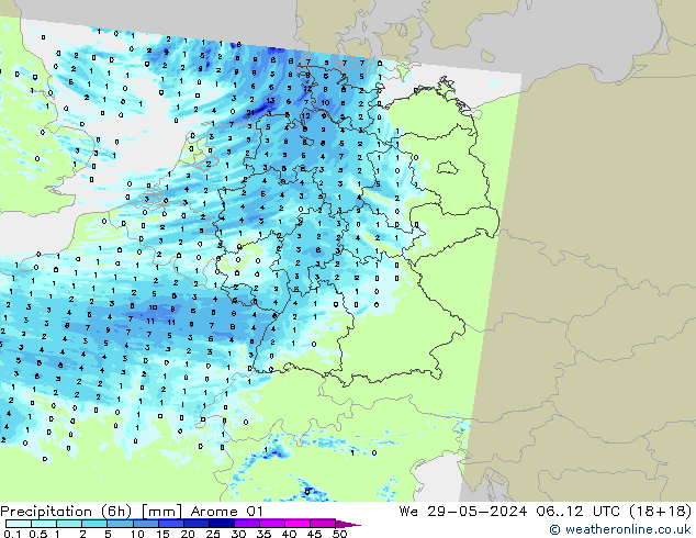 Précipitation (6h) Arome 01 mer 29.05.2024 12 UTC