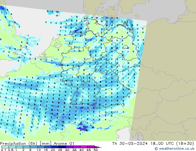 Precipitation (6h) Arome 01 Čt 30.05.2024 00 UTC