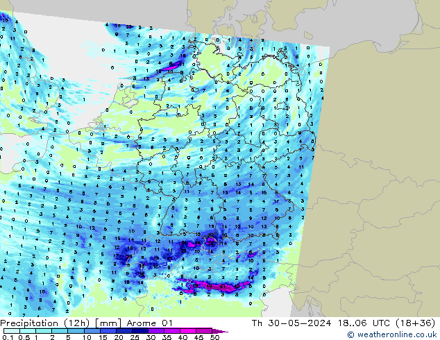 Totale neerslag (12h) Arome 01 do 30.05.2024 06 UTC