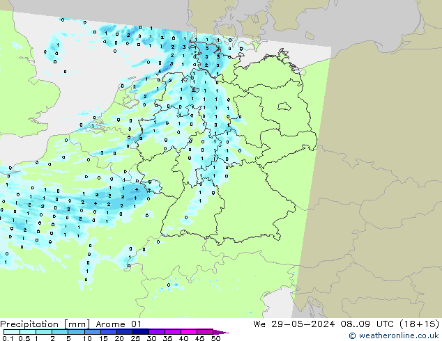 Srážky Arome 01 St 29.05.2024 09 UTC