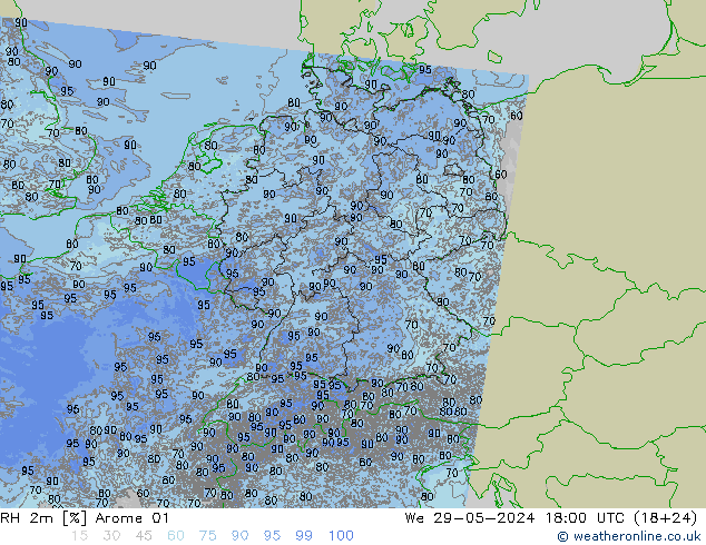 RH 2m Arome 01 ср 29.05.2024 18 UTC