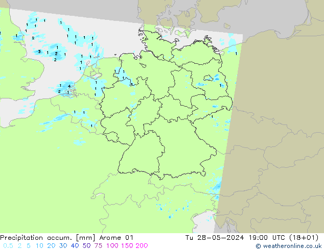 Precipitation accum. Arome 01 Út 28.05.2024 19 UTC