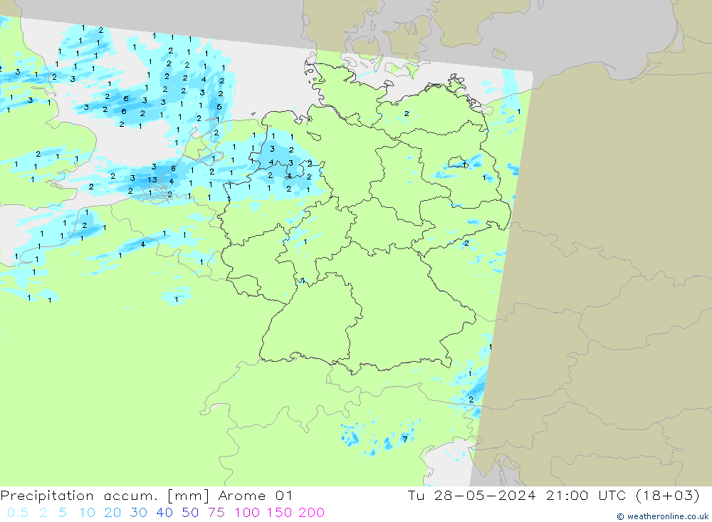 Precipitation accum. Arome 01 mar 28.05.2024 21 UTC