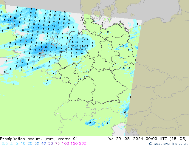 Precipitation accum. Arome 01 We 29.05.2024 00 UTC