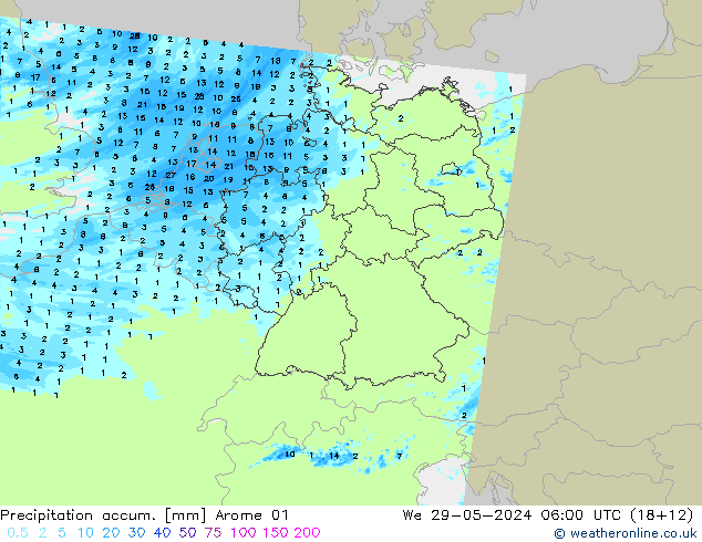 Totale neerslag Arome 01 wo 29.05.2024 06 UTC