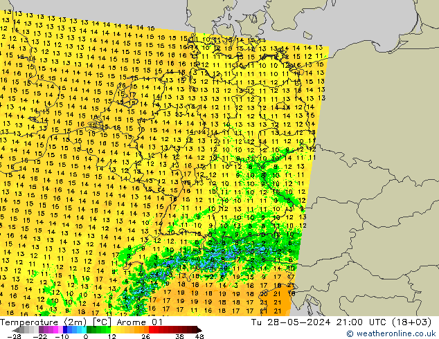 Temperaturkarte (2m) Arome 01 Di 28.05.2024 21 UTC