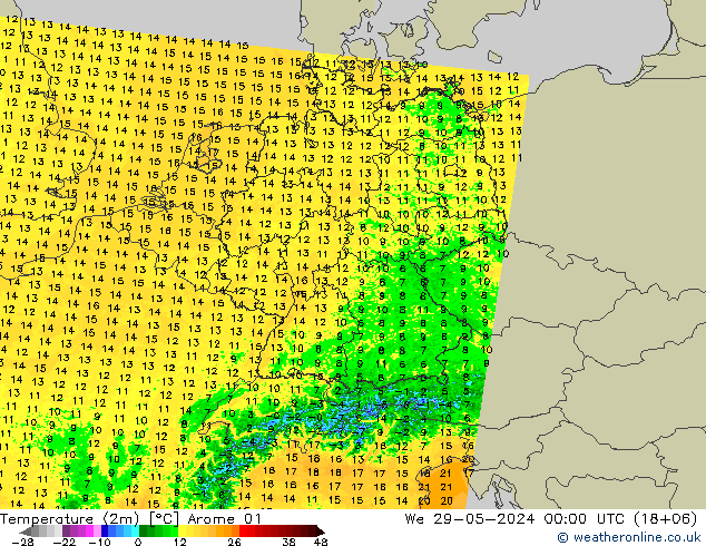 Sıcaklık Haritası (2m) Arome 01 Çar 29.05.2024 00 UTC