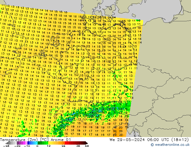 Temperaturkarte (2m) Arome 01 Mi 29.05.2024 06 UTC