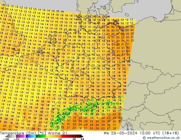 Temperatura (2m) Arome 01 mié 29.05.2024 12 UTC