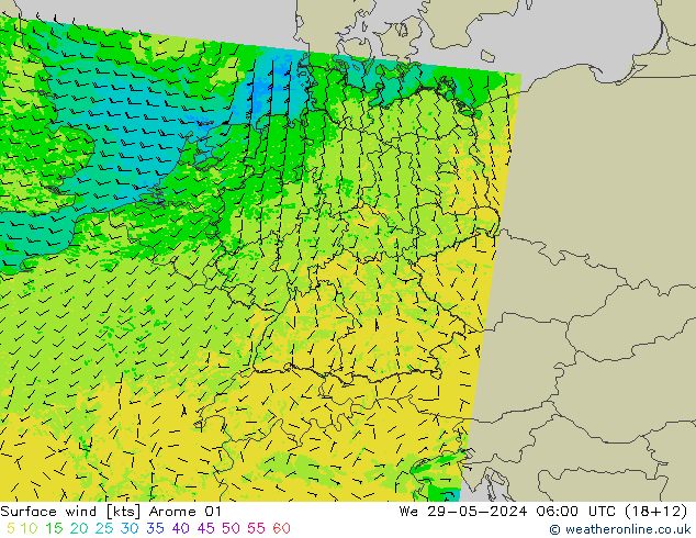 Surface wind Arome 01 We 29.05.2024 06 UTC