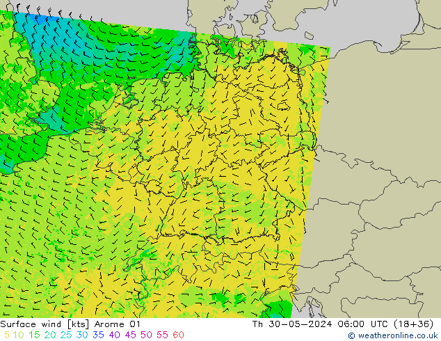 Wind 10 m Arome 01 do 30.05.2024 06 UTC