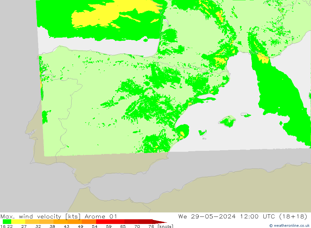 Max. wind velocity Arome 01 We 29.05.2024 12 UTC