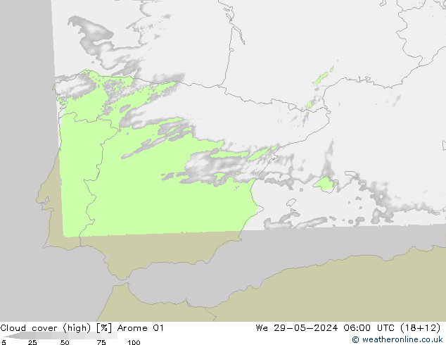 Bewolking (Hoog) Arome 01 wo 29.05.2024 06 UTC
