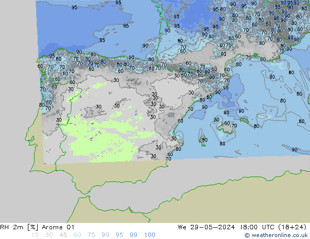 RH 2m Arome 01 Qua 29.05.2024 18 UTC