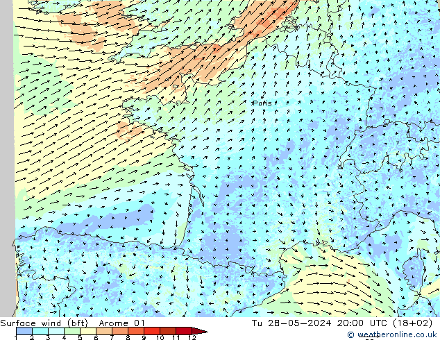 Surface wind (bft) Arome 01 Tu 28.05.2024 20 UTC