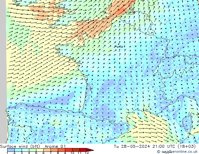 Bodenwind (bft) Arome 01 Di 28.05.2024 21 UTC