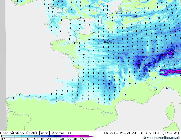 Precipitation (12h) Arome 01 Th 30.05.2024 06 UTC