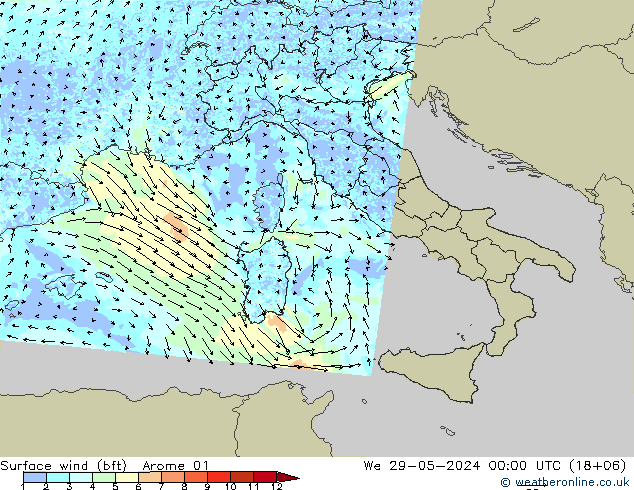 Surface wind (bft) Arome 01 We 29.05.2024 00 UTC