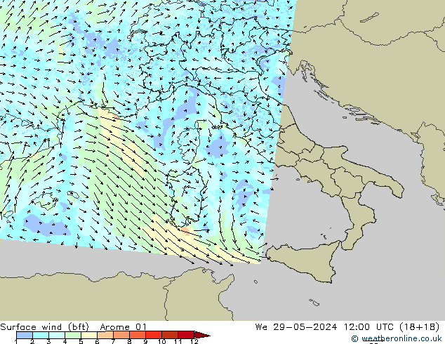 Surface wind (bft) Arome 01 We 29.05.2024 12 UTC