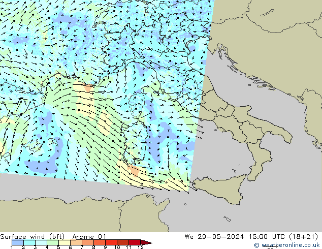 Surface wind (bft) Arome 01 We 29.05.2024 15 UTC