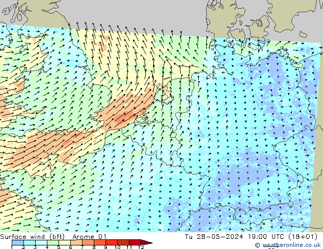 Wind 10 m (bft) Arome 01 di 28.05.2024 19 UTC