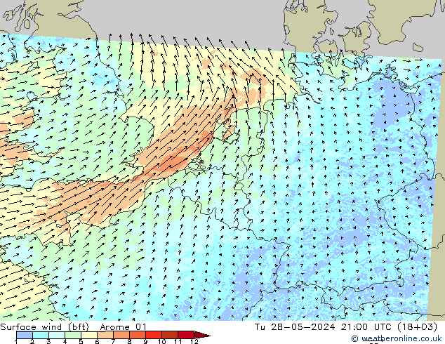 Surface wind (bft) Arome 01 Tu 28.05.2024 21 UTC