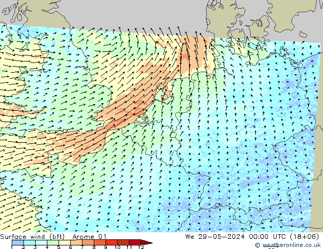 Vento 10 m (bft) Arome 01 mer 29.05.2024 00 UTC