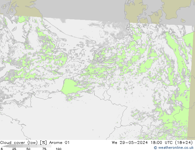 Cloud cover (low) Arome 01 We 29.05.2024 18 UTC