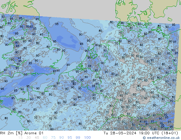 RH 2m Arome 01 Tu 28.05.2024 19 UTC