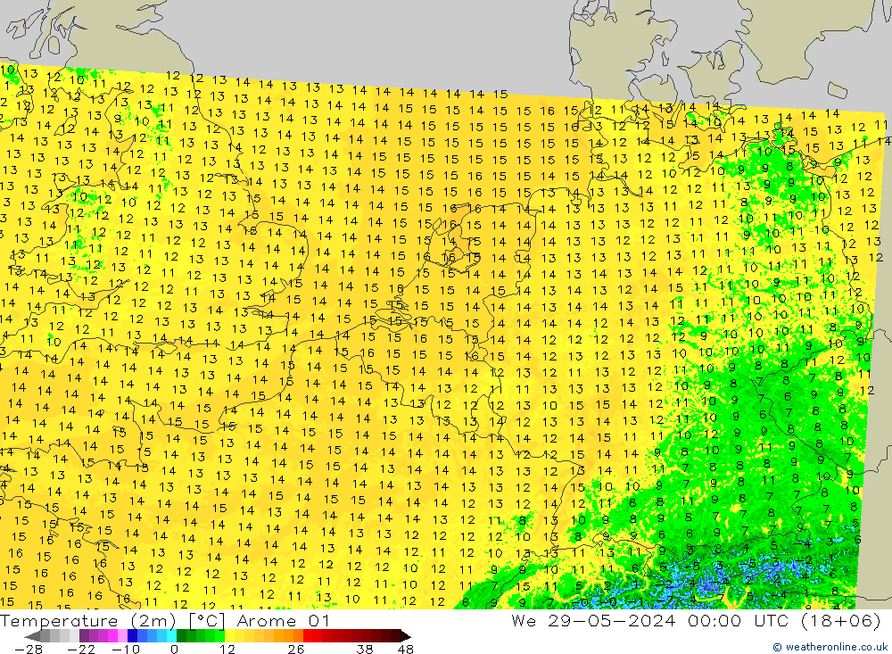 Temperatura (2m) Arome 01 mié 29.05.2024 00 UTC