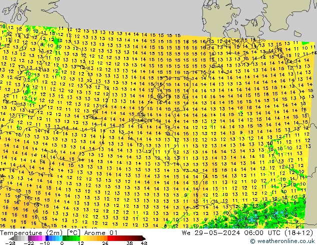 Temperature (2m) Arome 01 We 29.05.2024 06 UTC