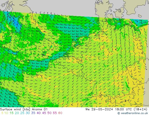 Surface wind Arome 01 We 29.05.2024 18 UTC