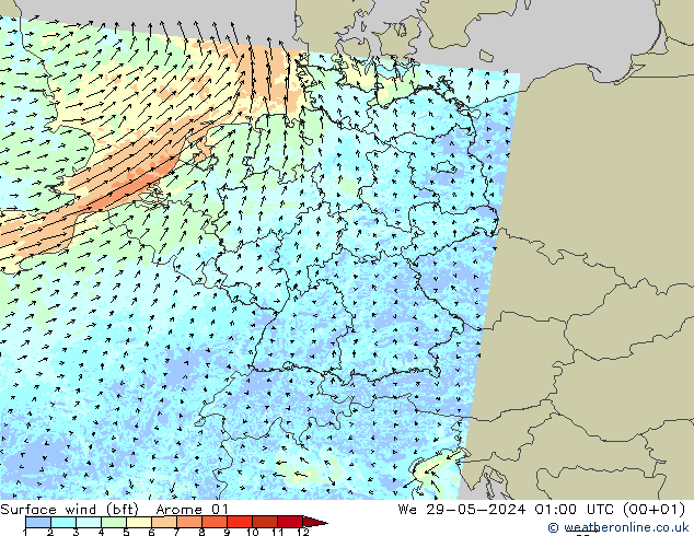 Surface wind (bft) Arome 01 We 29.05.2024 01 UTC