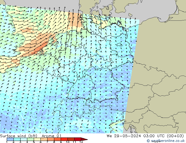 Wind 10 m (bft) Arome 01 wo 29.05.2024 03 UTC