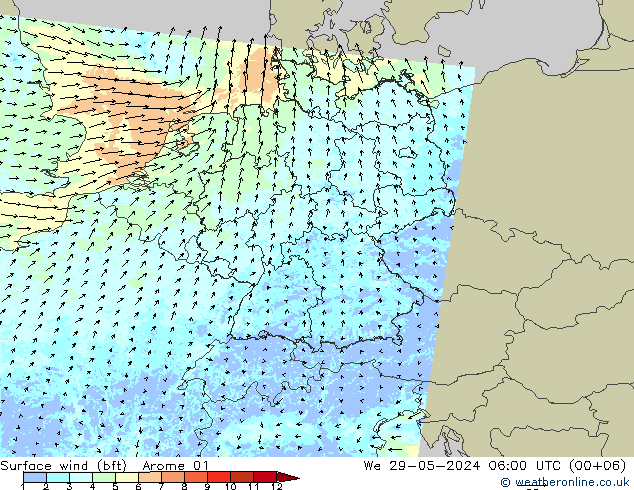 �N 10 米 (bft) Arome 01 星期三 29.05.2024 06 UTC