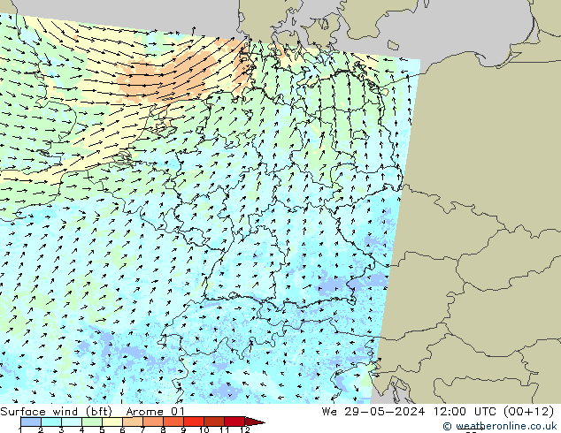 Surface wind (bft) Arome 01 We 29.05.2024 12 UTC