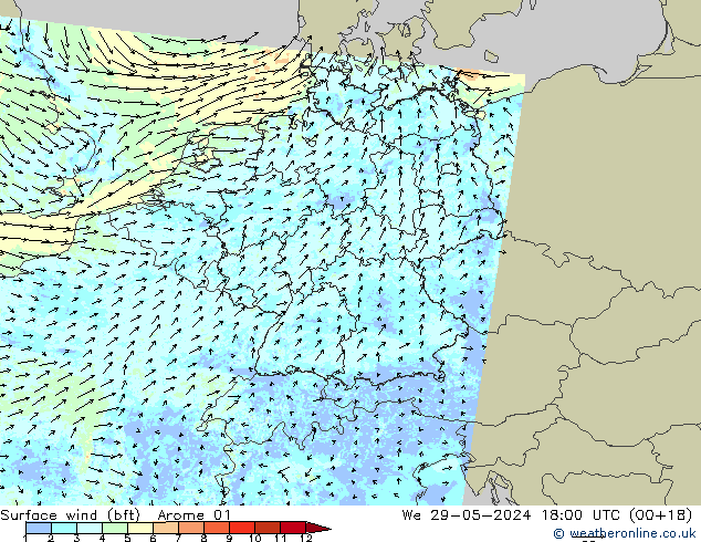 Surface wind (bft) Arome 01 We 29.05.2024 18 UTC