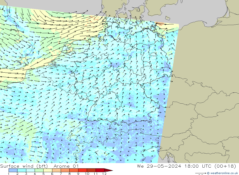 Surface wind (bft) Arome 01 We 29.05.2024 18 UTC