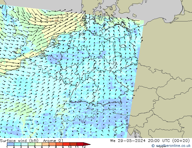 Surface wind (bft) Arome 01 We 29.05.2024 20 UTC