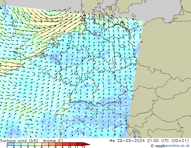 Surface wind (bft) Arome 01 St 29.05.2024 21 UTC