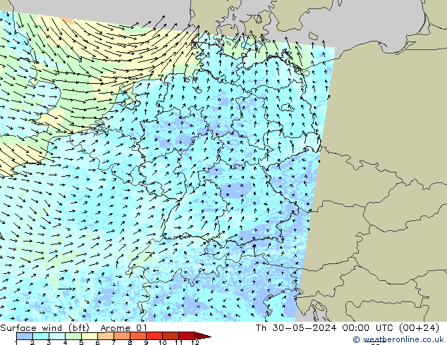 Wind 10 m (bft) Arome 01 do 30.05.2024 00 UTC