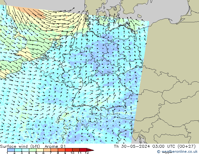 Vento 10 m (bft) Arome 01 gio 30.05.2024 03 UTC