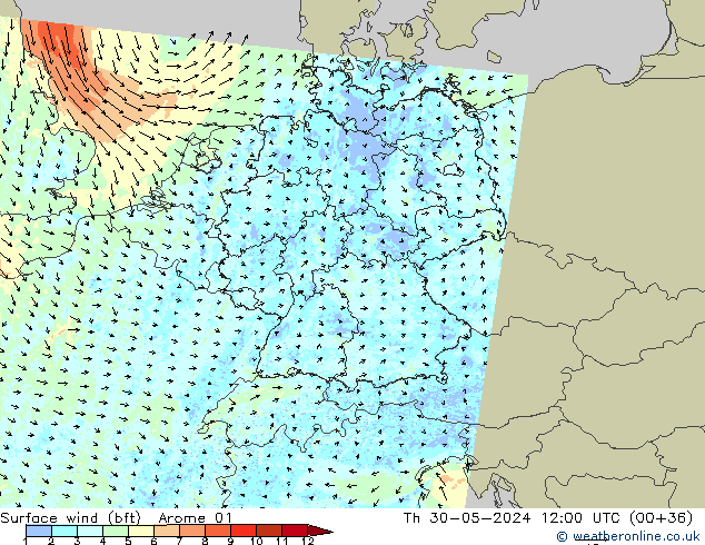 Surface wind (bft) Arome 01 Čt 30.05.2024 12 UTC
