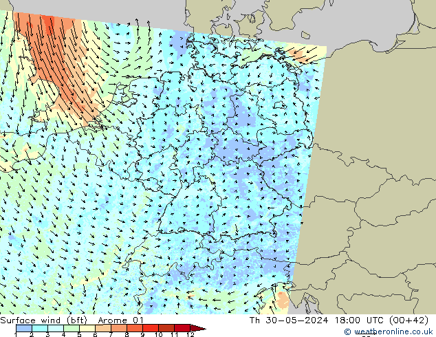 Surface wind (bft) Arome 01 Th 30.05.2024 18 UTC