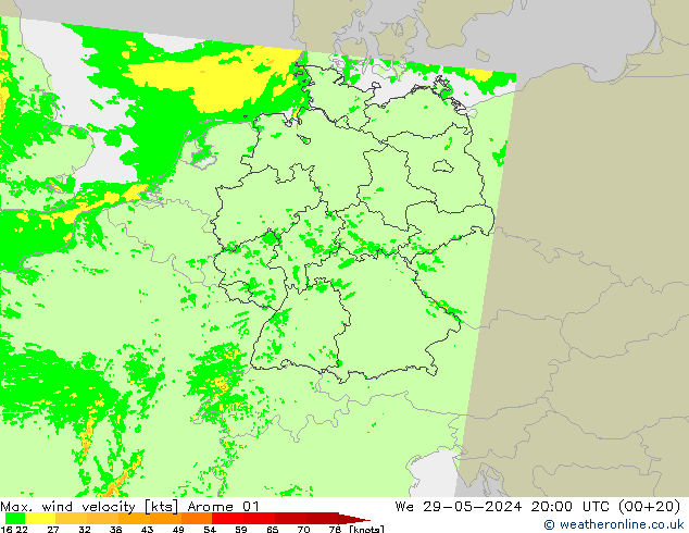 Max. wind velocity Arome 01 śro. 29.05.2024 20 UTC